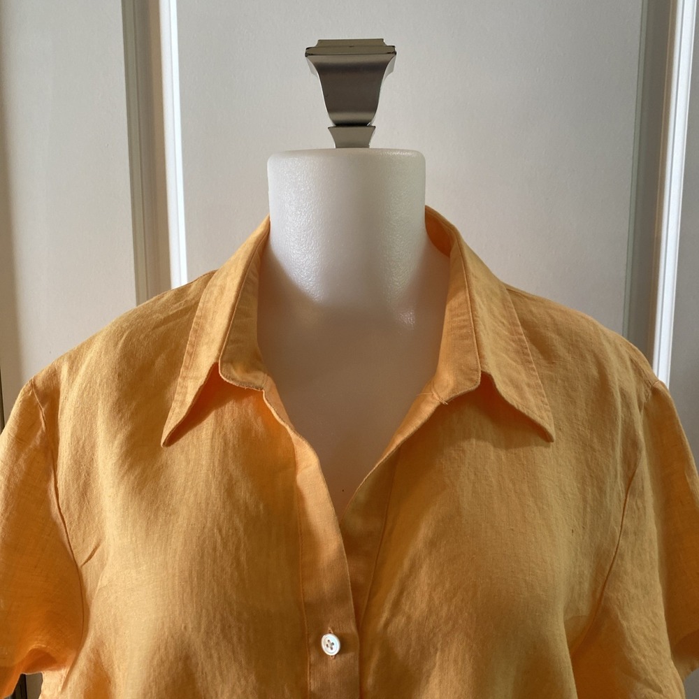 Lands End Size 18 Womens Yellow 100% Linen Short Sleeve Comfy Button Up Shirt - Picture 2 of 10